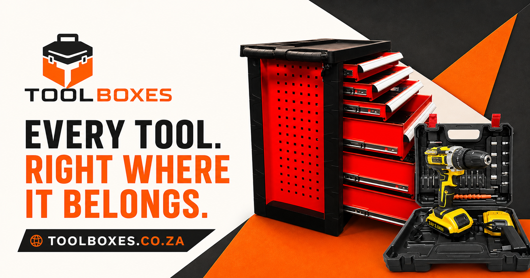 Toolboxes campaign featuring a red floor-standing tool cart and cordless drill set — Every tool, right where it belongs